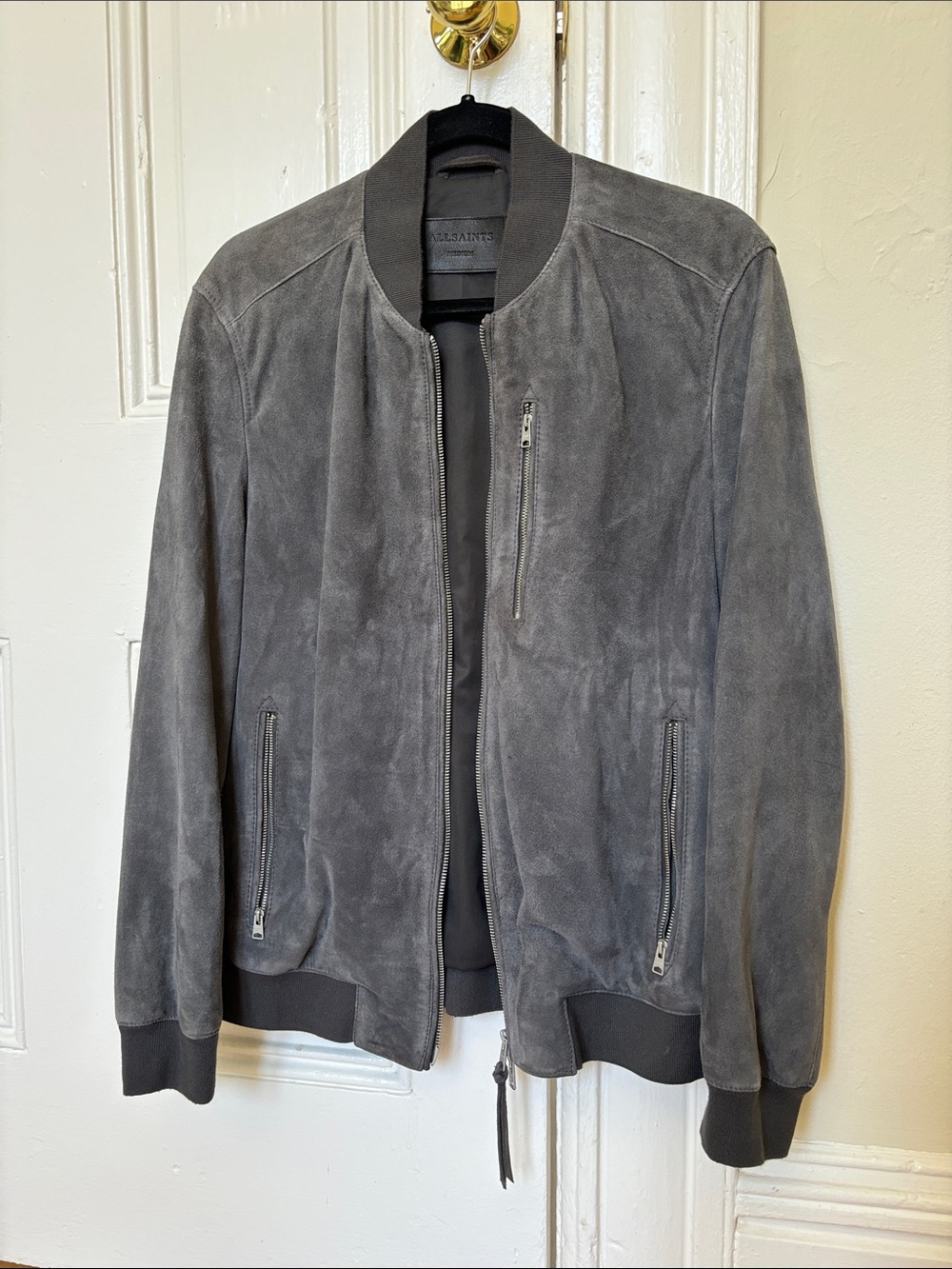 AllSaints Gray Suede Bomber Jacket